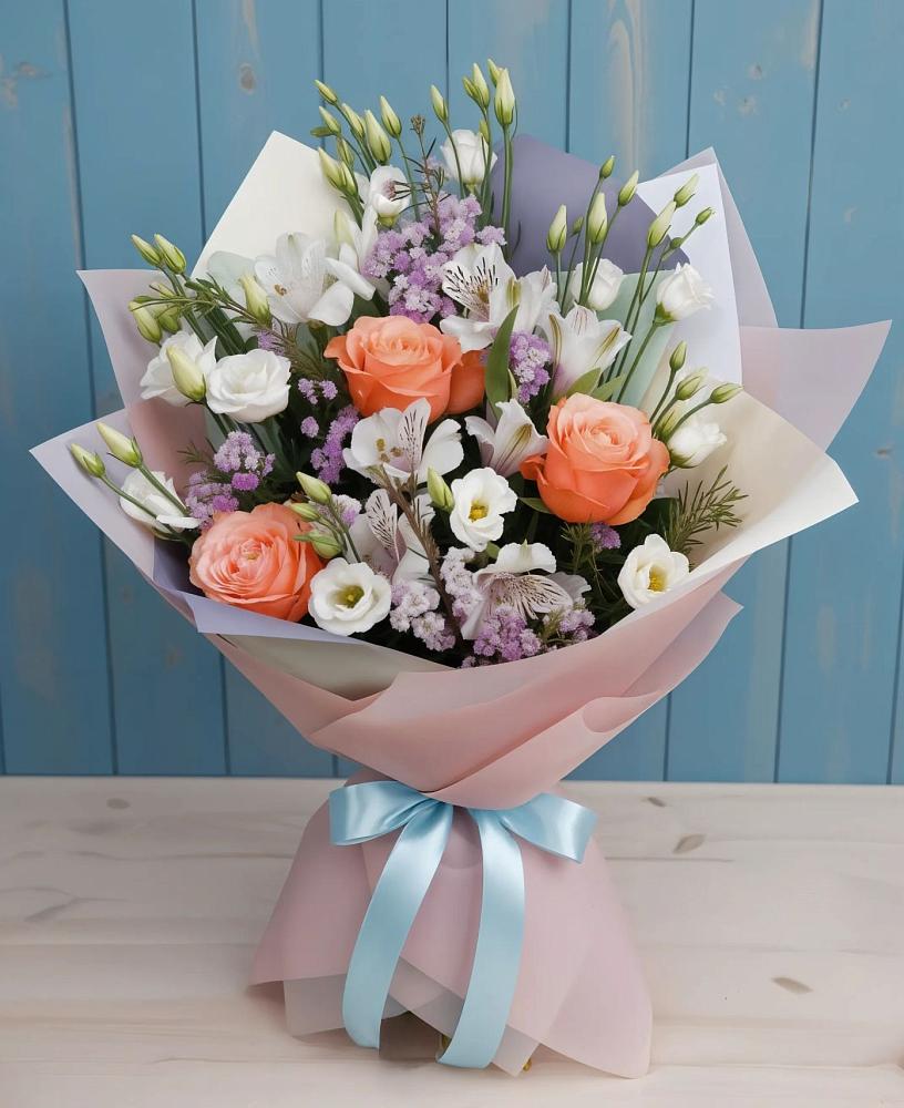 Букет цветов из: Лизиантусы, Розы, Альстромерии и Гипсофила в Емельяново