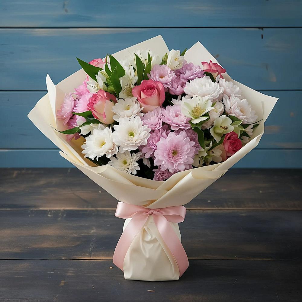 Букет цветов из: Хризантемы, Альстромерии и Розы в Емельяново